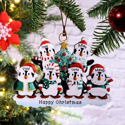 9 Names-Personalized Family Wooden Christmas Ornament-Custom 8 Names Hanging Ornament Gifts For Family-Winter Penguin Family