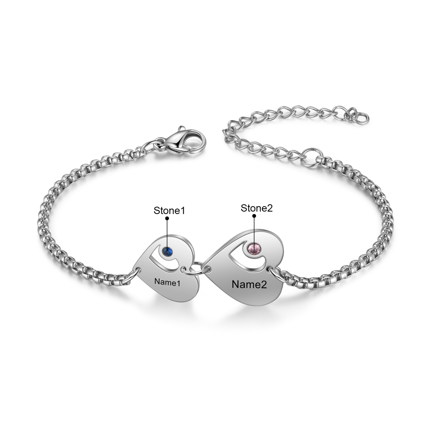 Personalized Heart Bracelet with Birthstones Custom 2 Names Family Bracelet Gifts for Her