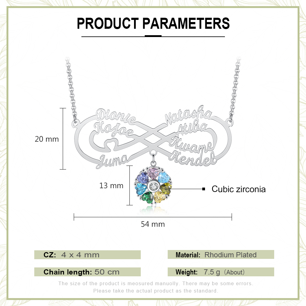 Personalized Infinity Necklace With 7 Birthstones Engraved Names Necklace Gift For Women