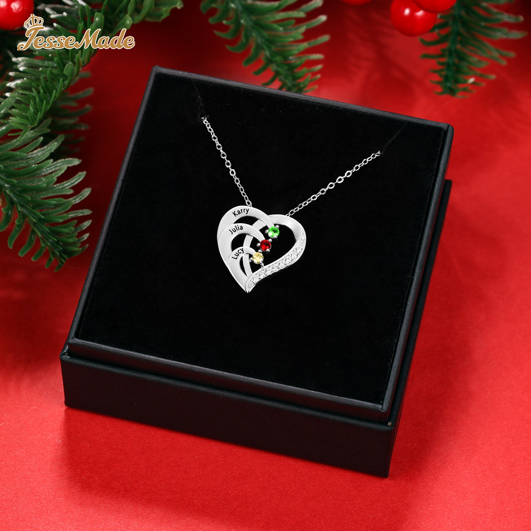 Personalized Mother Necklace 3 Stones Engraved 3 Names Birthstone Intertwined Heart Pendant Gifts for Her