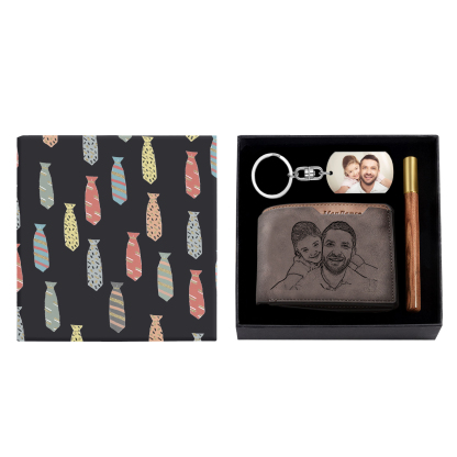 Personalized Leather Wallet Gift Box Set with Keychain Customizable 2 Photo,1 Text and 1 Date Wallet Gift for Him