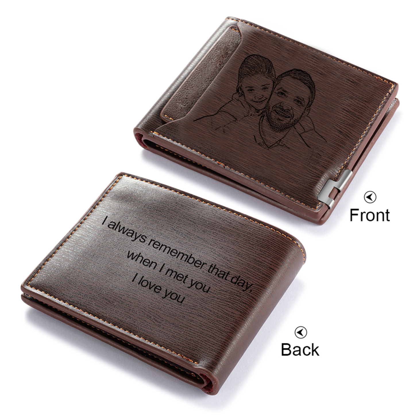 Personalized Leather Wallet Gift Box Set Keychain Strap Customizable 2 Photos and 3 Text Gift for Dad