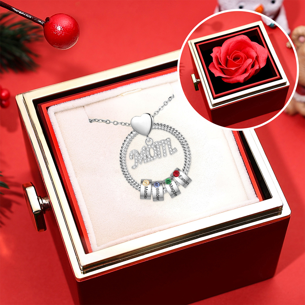 3 Names-Personalized Mom Necklace Set With  Premium Rotating Rose Flower Gift Box-Custom Necklace With 3 Birthstones Engraved Names Gift For Mother