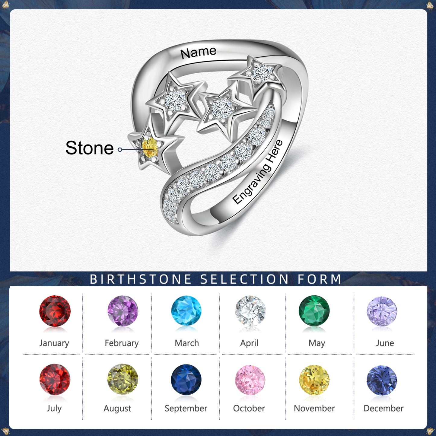 Personalized Star Ring With 1 Birthstone Engraved Names Ring Gift For Women