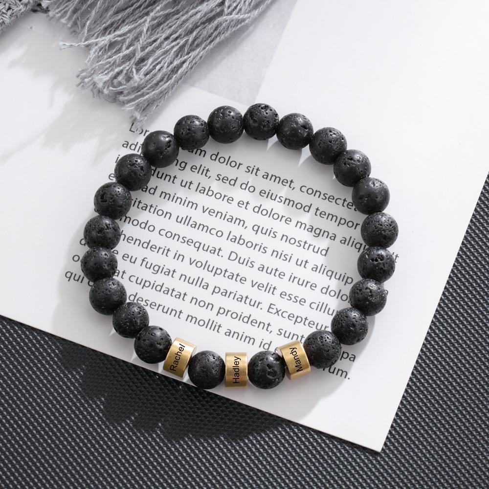 Black Lava Rock Beaded Bracelet Men Bracelet Custom 3 Names Gift for Dad