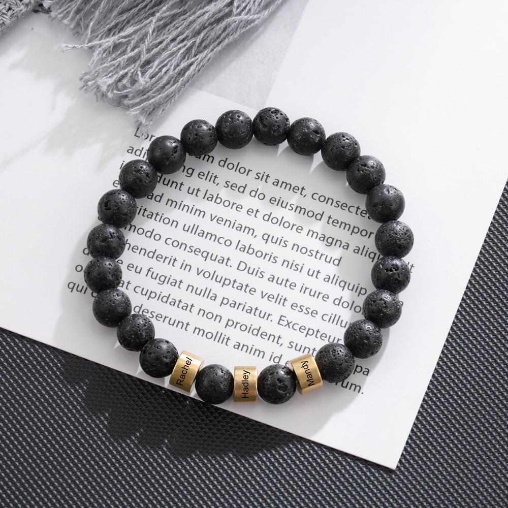 Black Lava Rock Beaded Bracelet Men Bracelet Custom 3 Names Gift for Dad