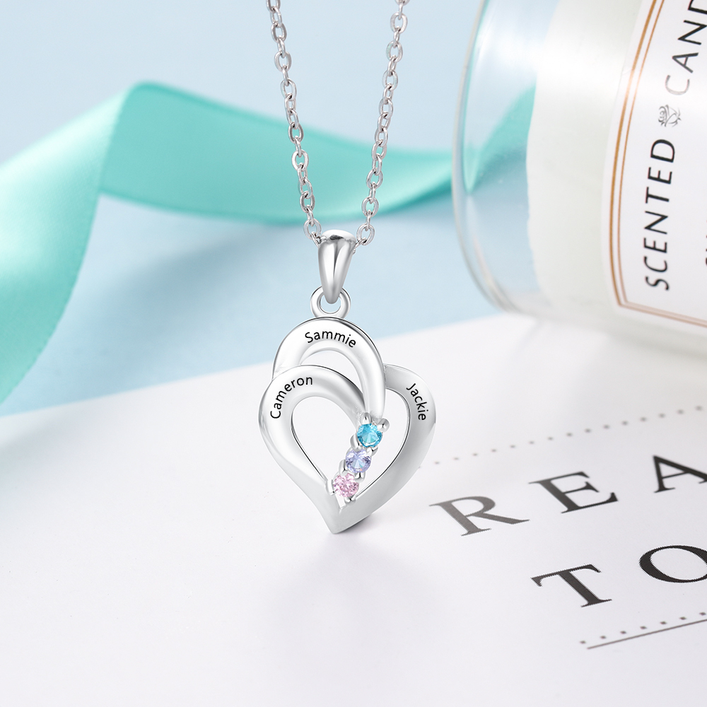 Personalized Heart S925 Necklace With 3 Birthstones Engraved Names Gift For Her