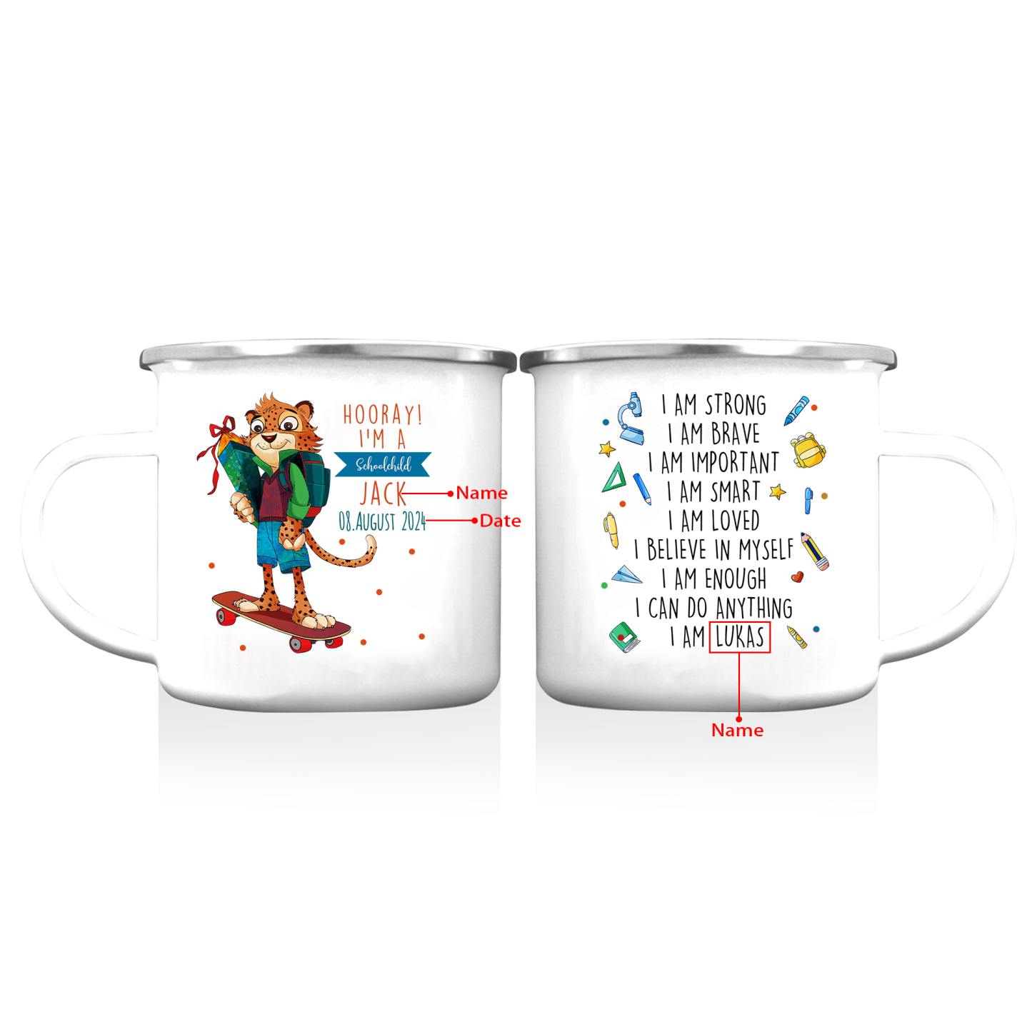 Personalized Name And Date Enamel Mug Leopard Pattern Back To School Gift For Kid