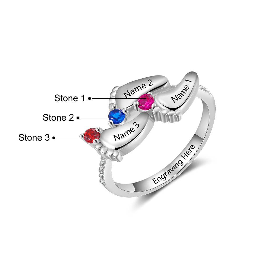 Personalized Baby Foot 925 Sliver Ring With 3 Birthstones Engraved Names Ring Gift For Women