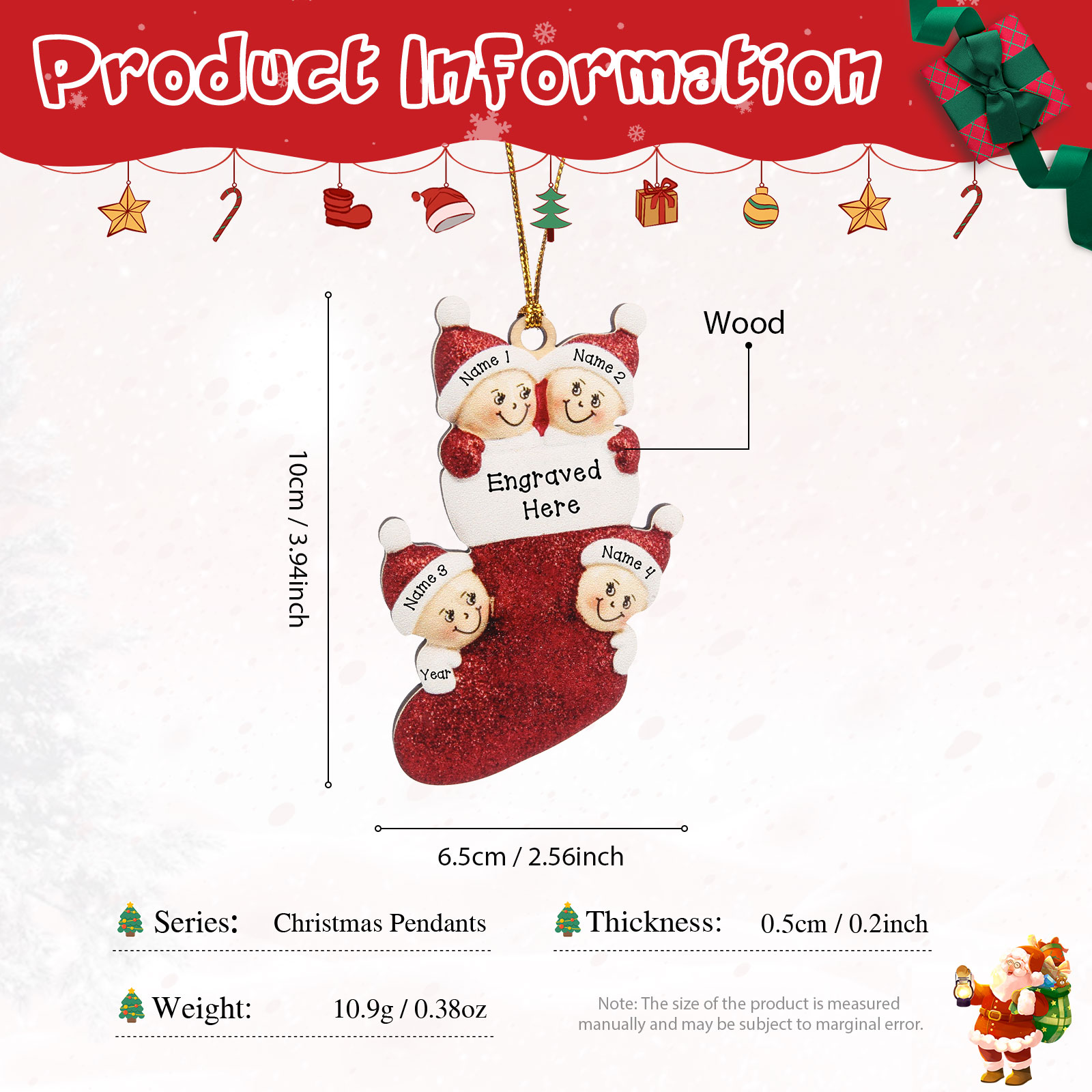 4 Names-Personalized Family Wooden Christmas Xmas Tree Decoration Ornament-Custom 4 Names And Text Hanging Ornament Gifts For Family