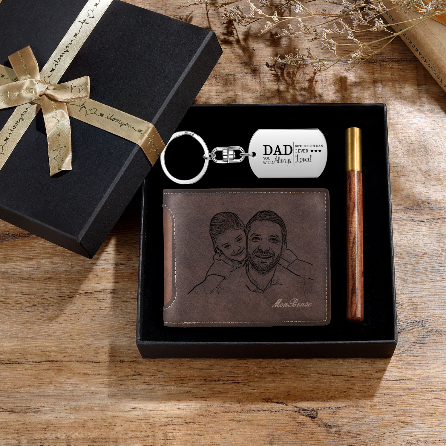 Photo Personalized Leather Wallet Gift Box Set with Keychain Customizable Text Wallet Gift for Dad