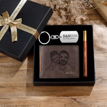 Photo Personalized Leather Wallet Gift Box Set with Keychain Customizable Text Wallet Gift for Dad