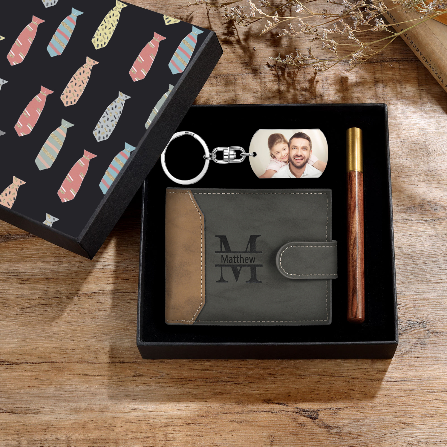 Personalized Leather Wallet Gift Box Set with Keychain Customizable Photo Letter and Name Wallet Gift for Dad