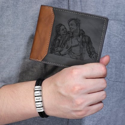 Personalised Gift Set - Custom Wallet & Bracelet with 1 Photo, 1 Letter, and 6 Names, Christmas Gift Box for Him