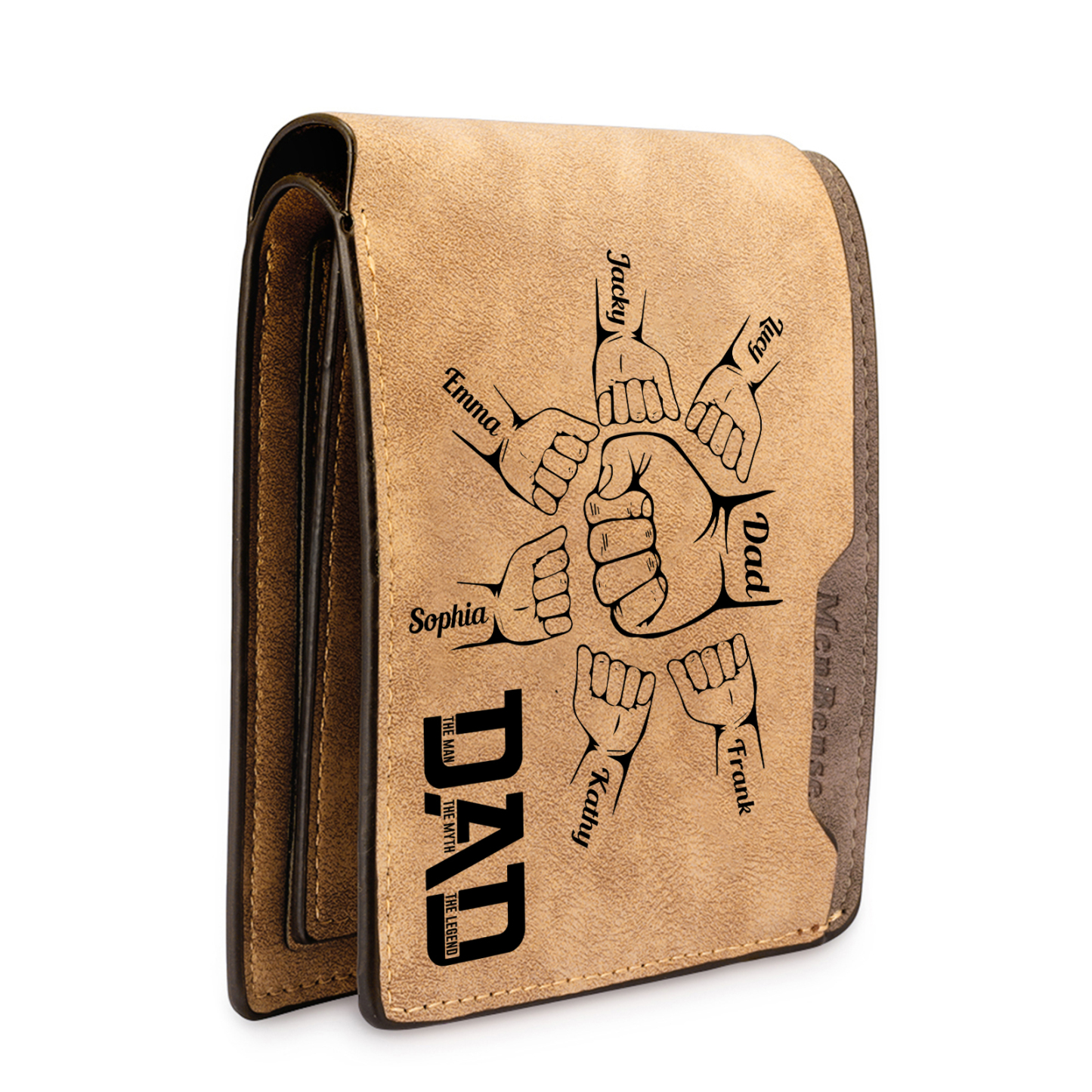 7 Names - Personalized Fist Bump Pattern Custom Name Leather Men's Wallet as a Father's Day Gift for Dad