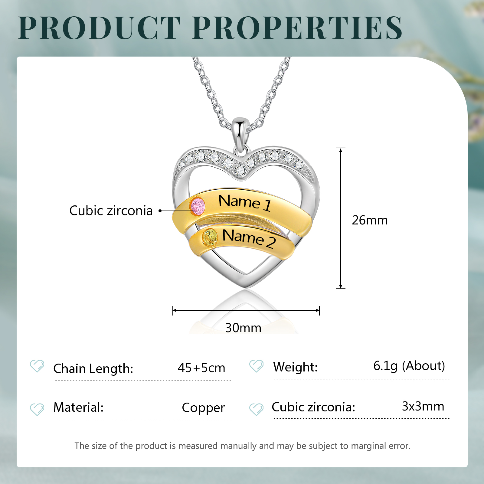 2 Names - Personalized Beautiful Heart Necklace with Custom Name and Birthstone, As a Mother's Day Gift for Mom