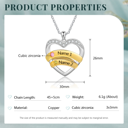 2 Names - Personalized Beautiful Heart Necklace with Custom Name and Birthstone, As a Mother's Day Gift for Mom