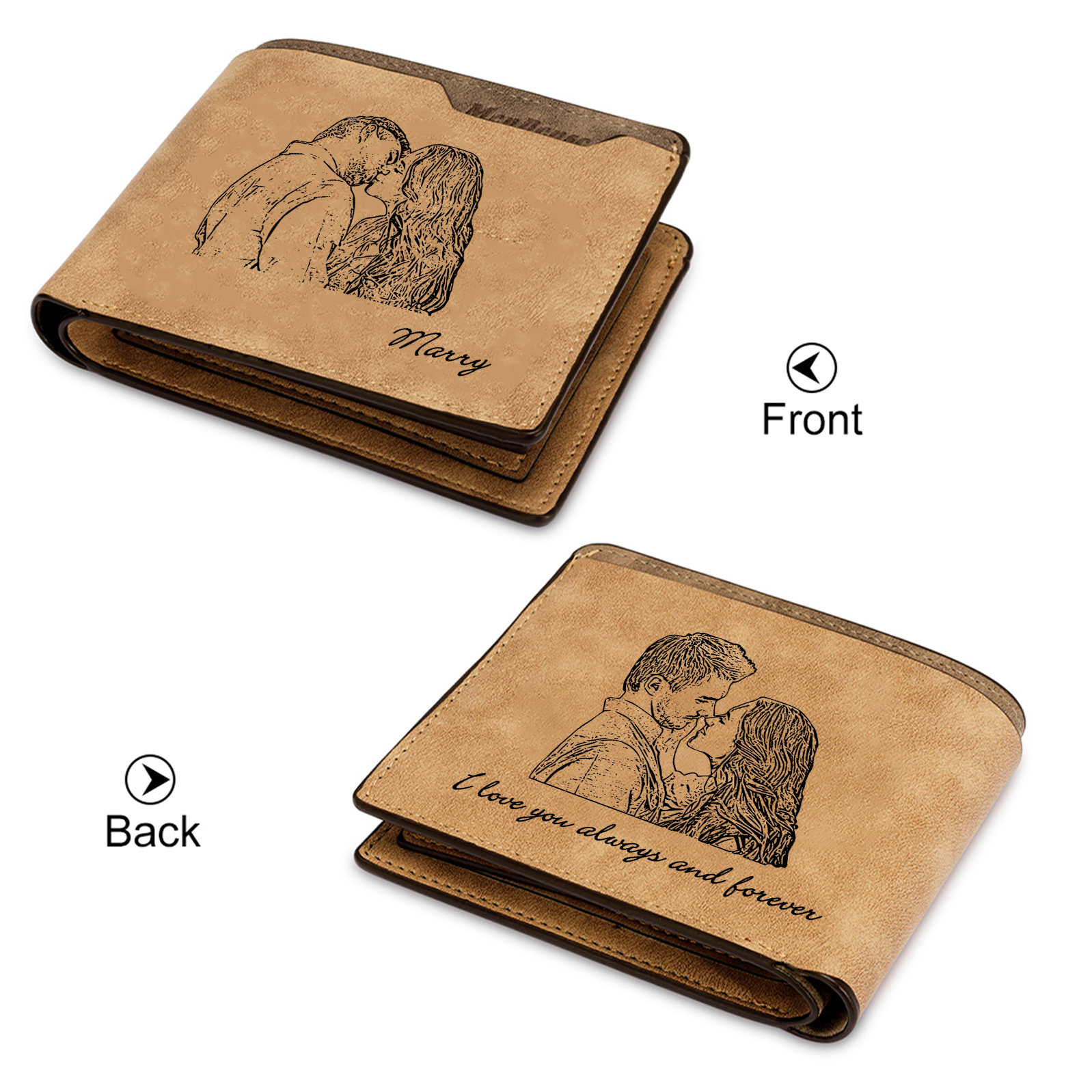 Personalized Photo Leather Men's Wallet Customized Name Letter Folding Brown Wallet For Couple