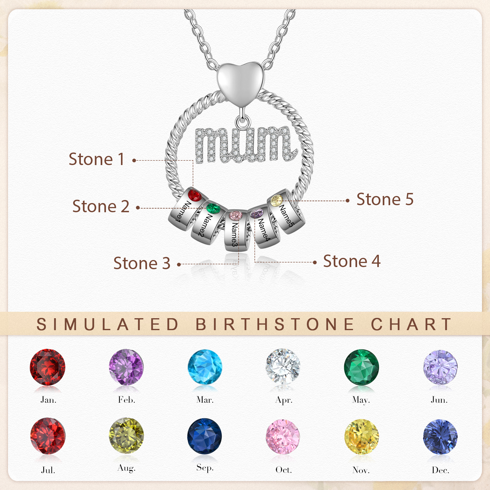 Personalized Circle Necklace With 5 Birthstones Pendant Engraved Names Gift For Mum