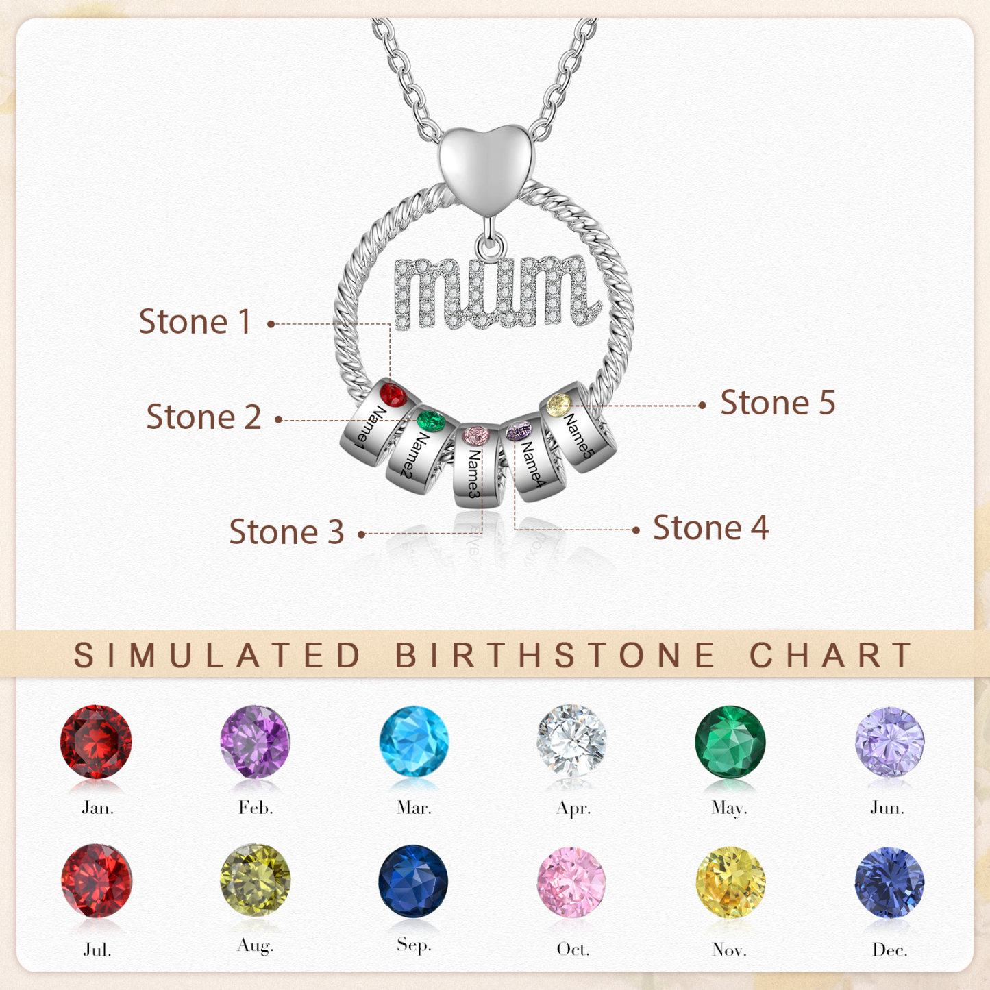 Personalized Circle Necklace With 5 Birthstones Pendant Engraved Names Gift For Mum