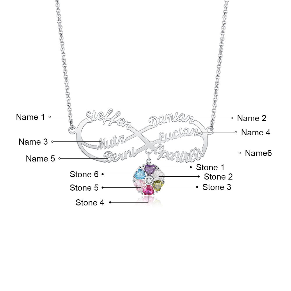 Personalized Infinity Necklace With 6 Birthstones Engraved Names Necklace Gift For Women
