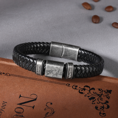 2 Names-Vintage Men's Bracelet Engraved Beads Custom Photo Leather Bracelet Gift for Him