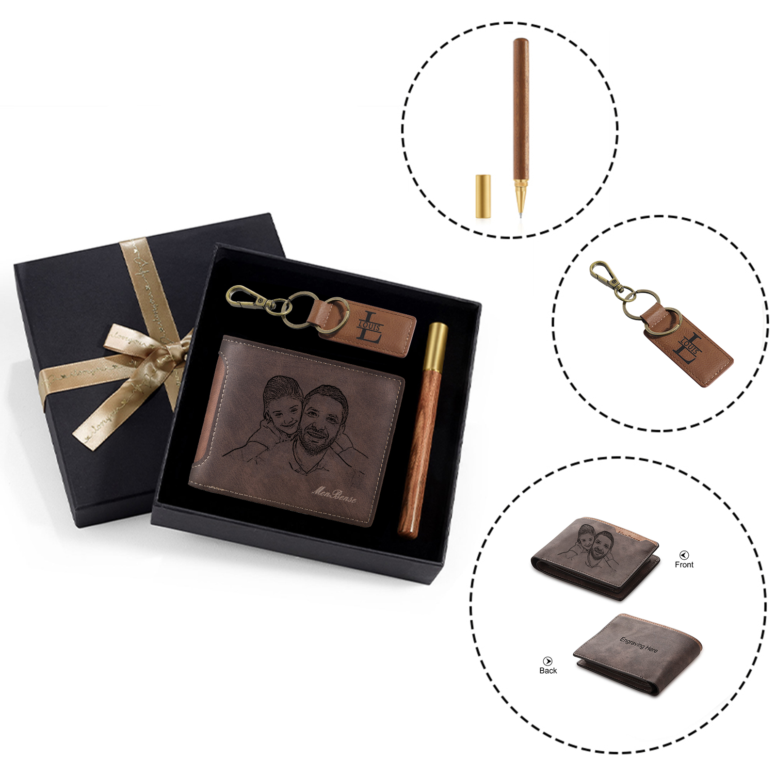 Photo Personalized Leather Wallet Gift Box Set with Keychain Customizable Letter Name Wallet Gift for Him