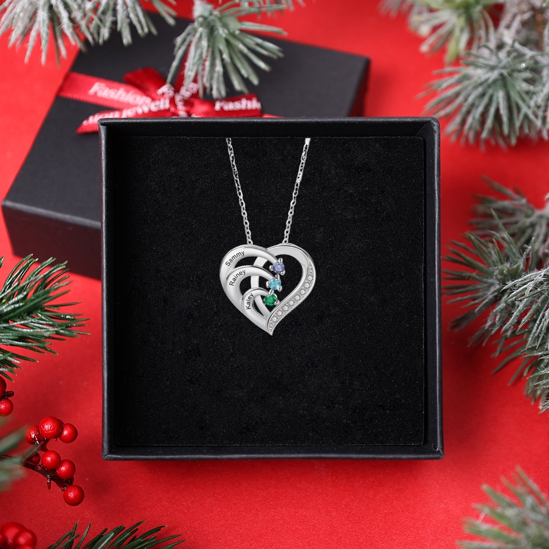 3 Names-Personalized S925 Silver Birthstone Necklace Engraved 3 Names-Custom Birthstone Intertwined Heart Pendant Gifts for Her