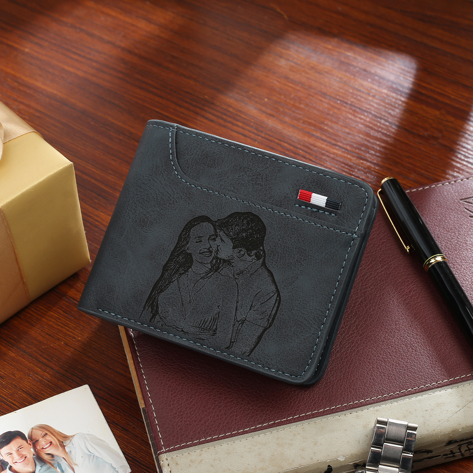 Personalized Name Leather Men's Wallet With Card Slot Engraved Letter And Photo Gift For Him