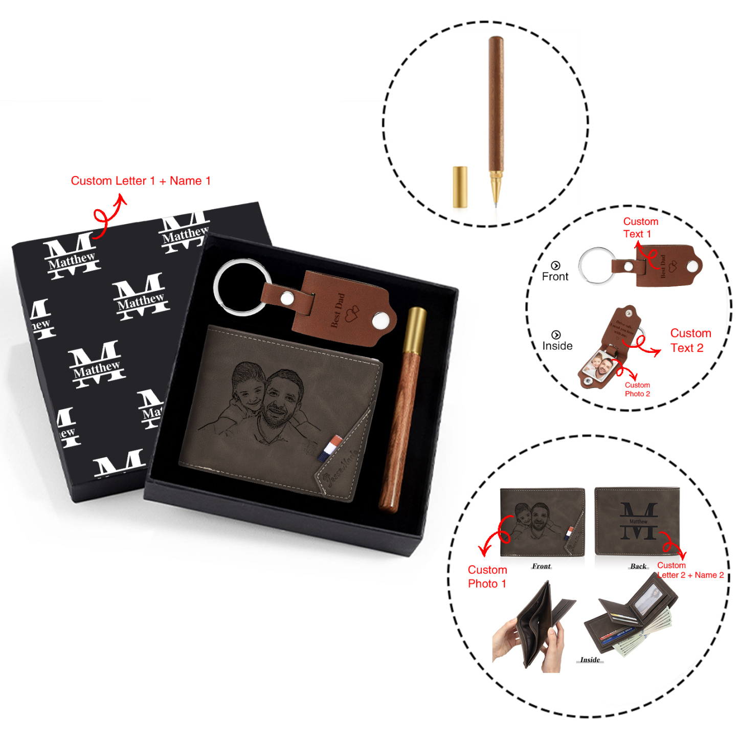 Personalized Leather Wallet Gift Box Set with Keychain Customizable Photo,Text ,Name and Letter Wallet Gift for Him