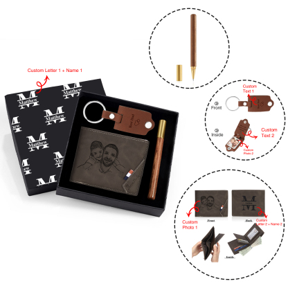 Personalized Leather Wallet Gift Box Set with Keychain Customizable Photo,Text ,Name and Letter Wallet Gift for Him