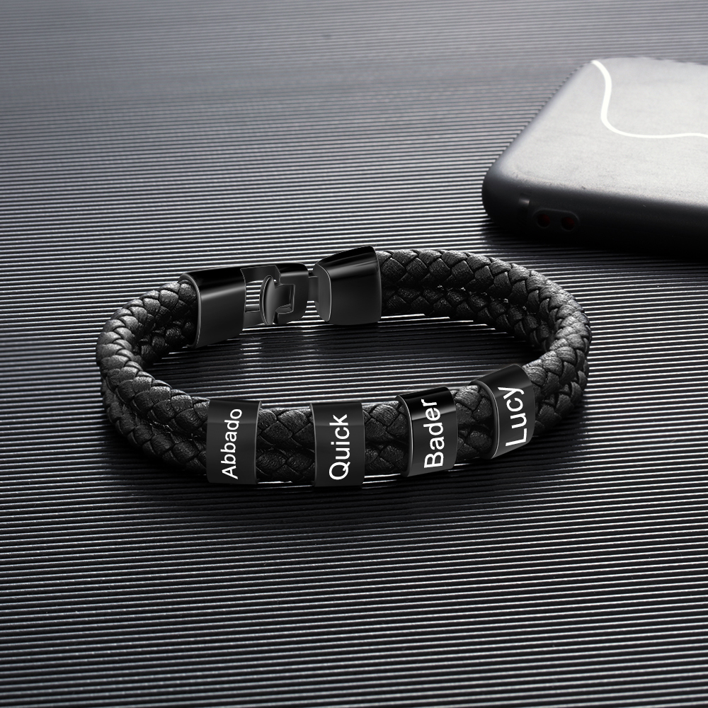 Personalized Braided Leather Bracelet Engraved 4 Names Men's Bracelet for Him