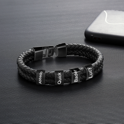 Personalized Braided Leather Bracelet Engraved 4 Names Men's Bracelet for Him