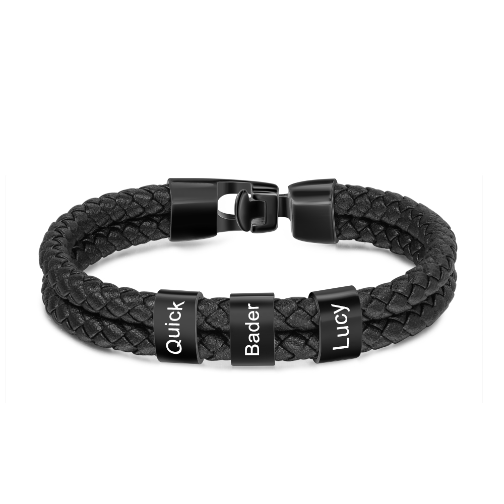 Personalized Braided Leather Bracelet Engraved 3 Names Men's Bracelet for Him