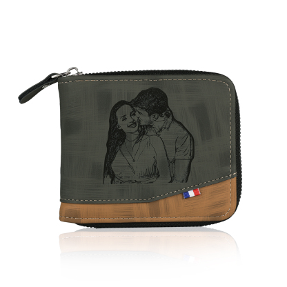 Personalized Name Leather Men's Zipper Wallet With Card Slot Engraved Letter And Photo Gift For Him