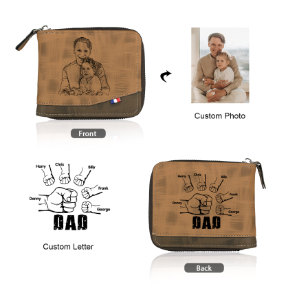 6 Names - Personalized Photo Custom Leather Men's Zipper Wallet as a Father's Day Gift for Dad