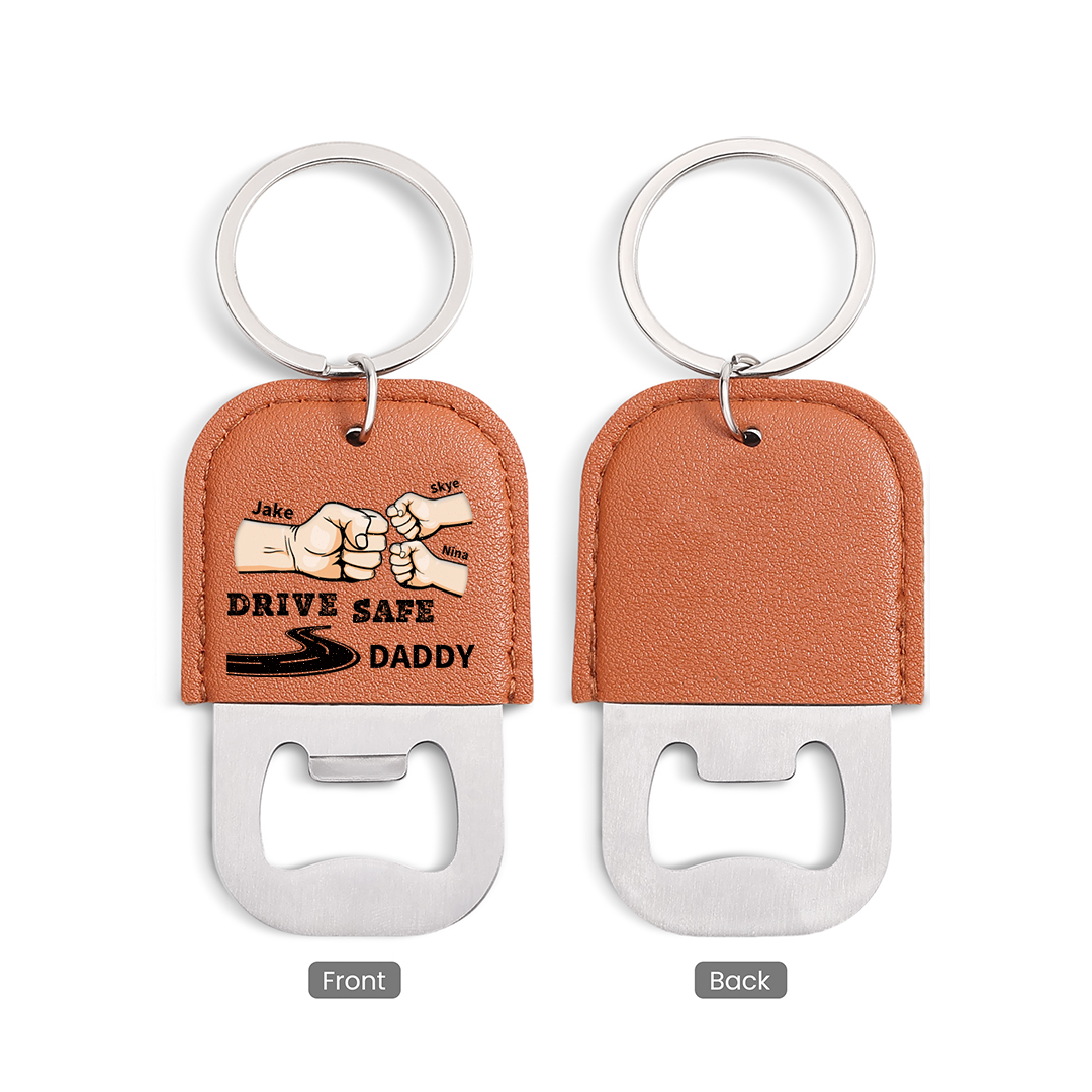 Personalized Leather Keychain With Bottle Opener For Dad Drive Safely