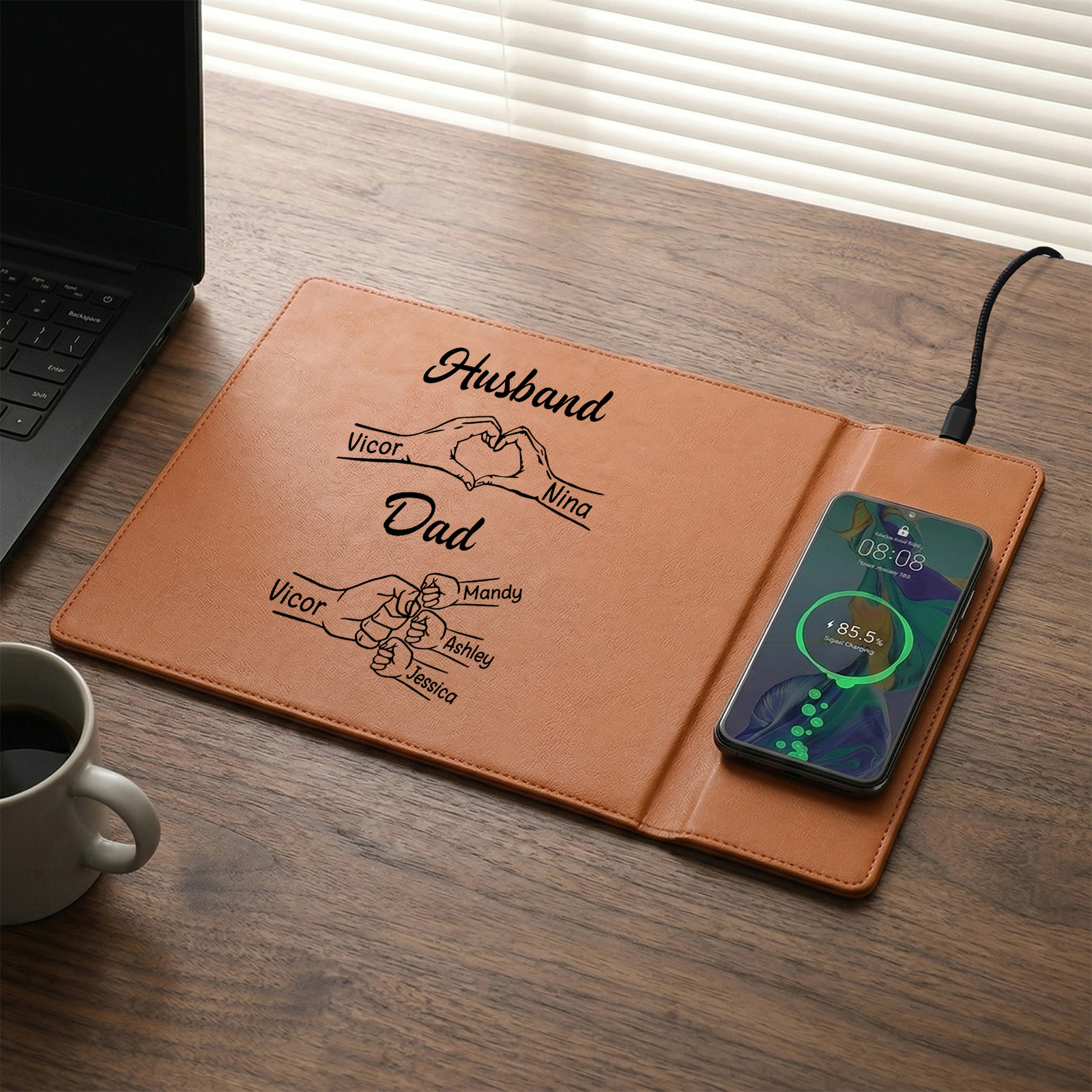 Personalized Leather Desk Charging Mat With Wireless Function Custom With 1-8 Names