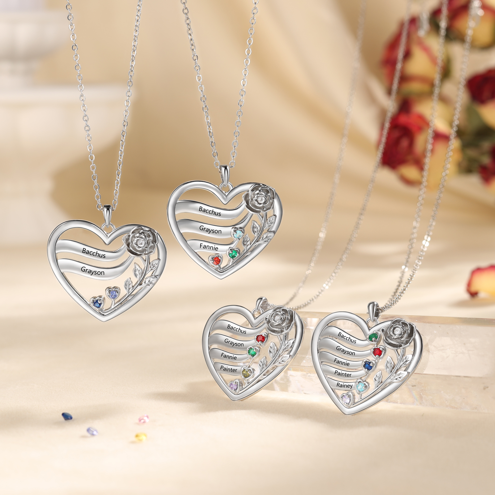 Personalized Rose Heart Birthstone Necklace Custom with 2–5 Names