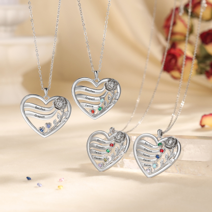 Personalized Rose Heart Birthstone Necklace Custom with 2–5 Names