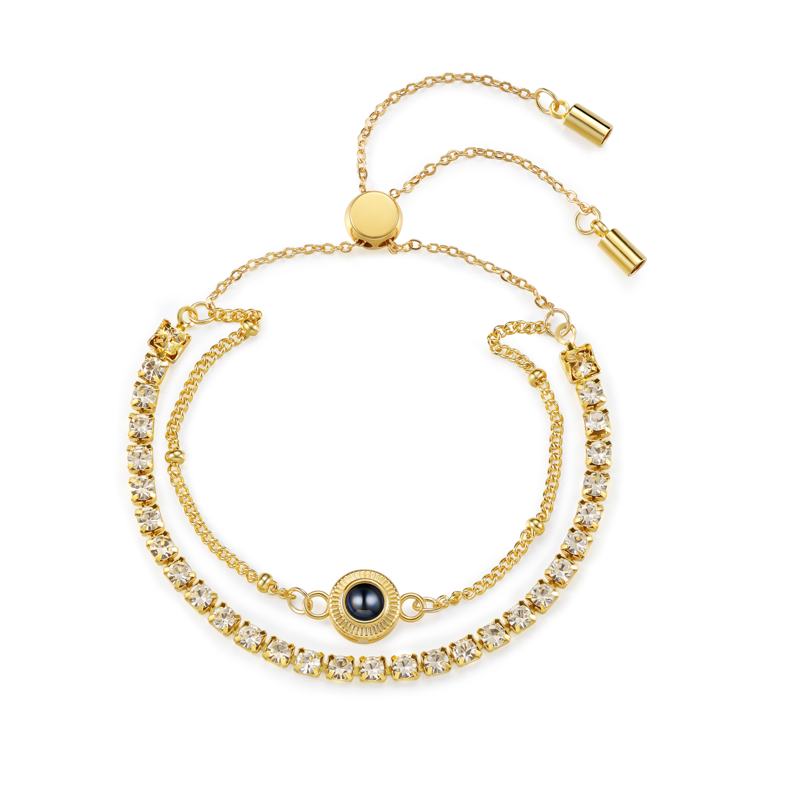 Personalized Photo Projection Bracelet with Double Rhinestone Row Adjustable Women’s Bracelet