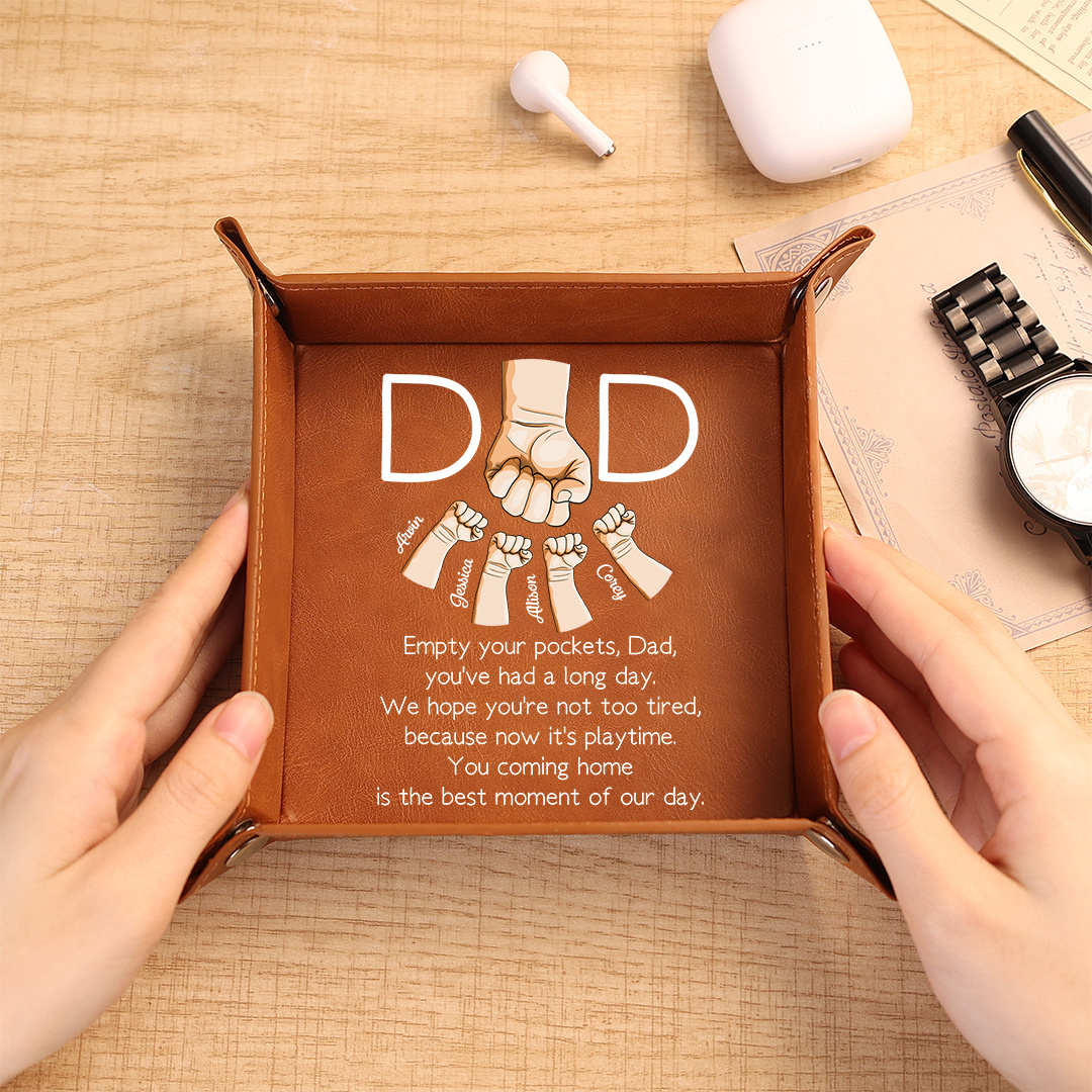 Personalized Leather Valet Tray For Dad Engraved With 1–6 Names And Fist Bumps Design
