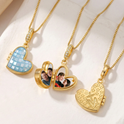 Personalized Heart Photo Locket Necklace for Her White Abalone Necklace