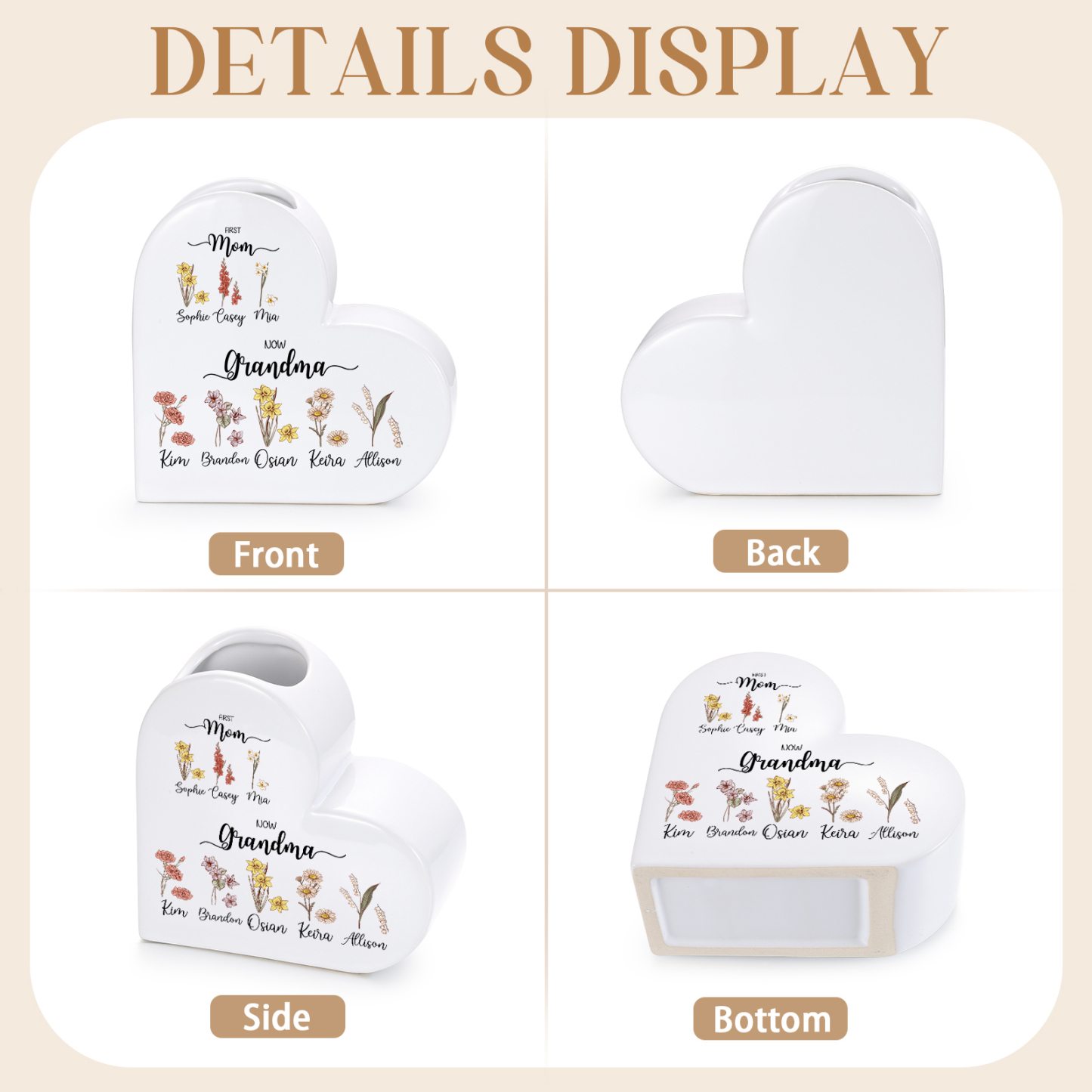 Personalized Ceramic Heart Vase Custom with 2–10 Names And Birth Flowers Mother’s Day Gift For Grandma And Mom