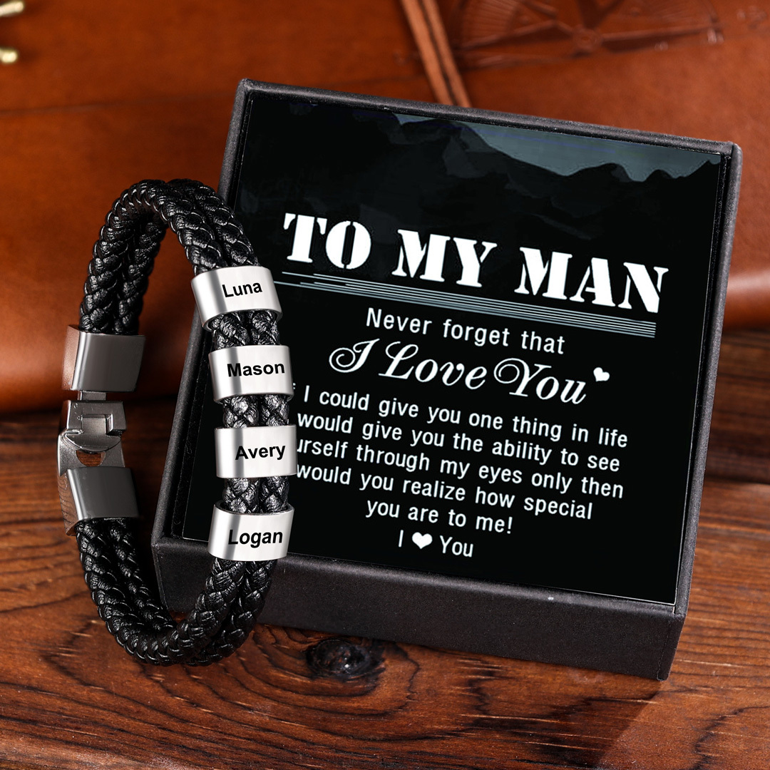 Customized  Braided Leather Bracelet Engraved 5 Names Men's Bracelet Gifts For Dad