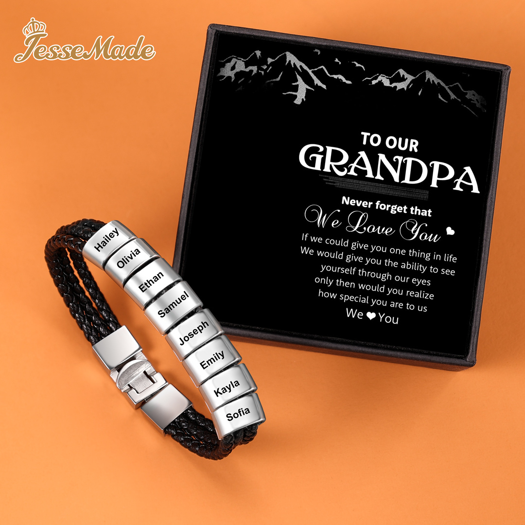 Personalized Braided Leather Bracelet Engraved 8 Names Men's Bracelet Gifts For Him
