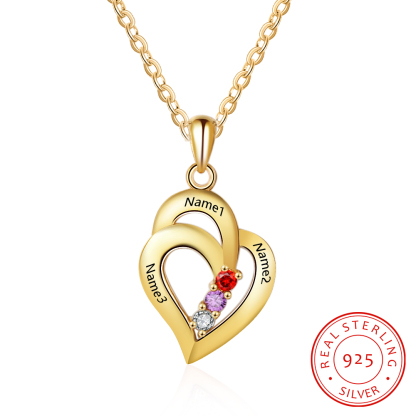 Personalized Heart S925 Necklace With 3 Birthstones Engraved Names Gift For Her