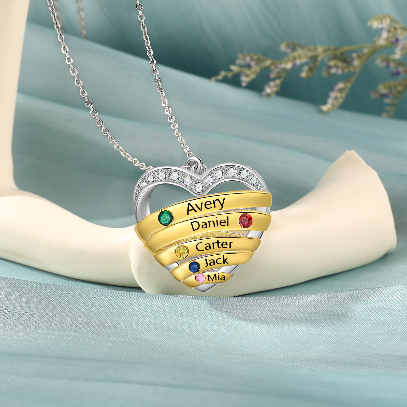 5 Names - Personalized Beautiful Heart Necklace with Custom Name and Birthstone, As a Mother's Day Gift for Mom