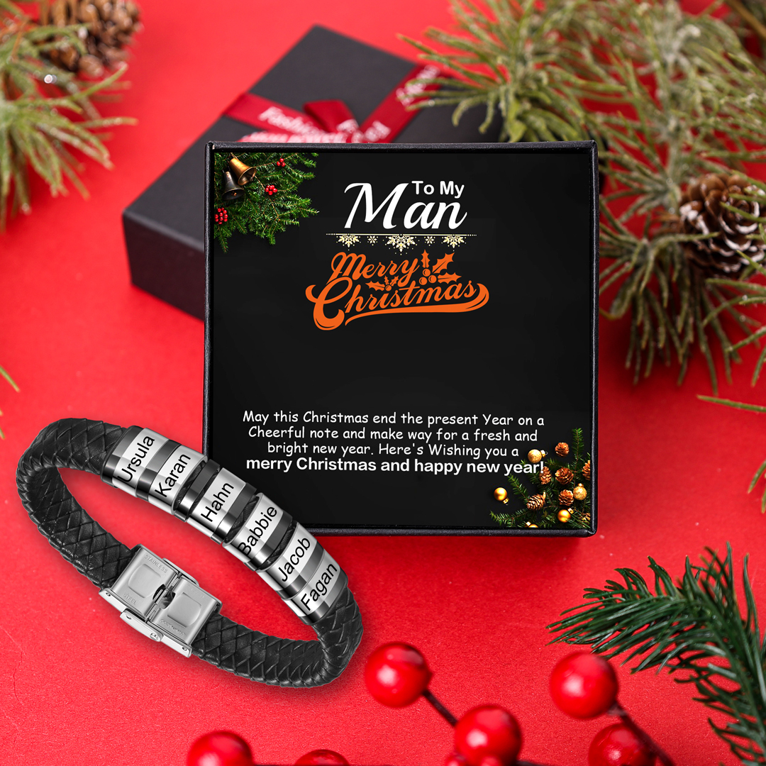 6 Names-Personalized Braided Leather Bracelet Set With Gift Box-Custom Men's Bracelet Engraved 6 Names Gift for Him