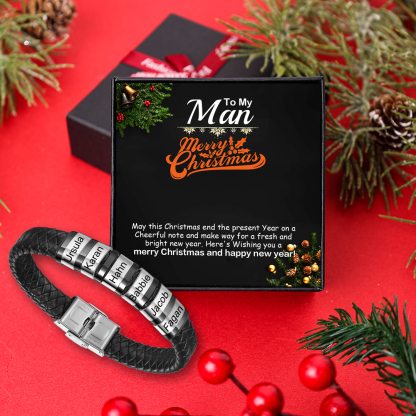 6 Names-Personalized Braided Leather Bracelet Set With Gift Box-Custom Men's Bracelet Engraved 6 Names Gift for Him